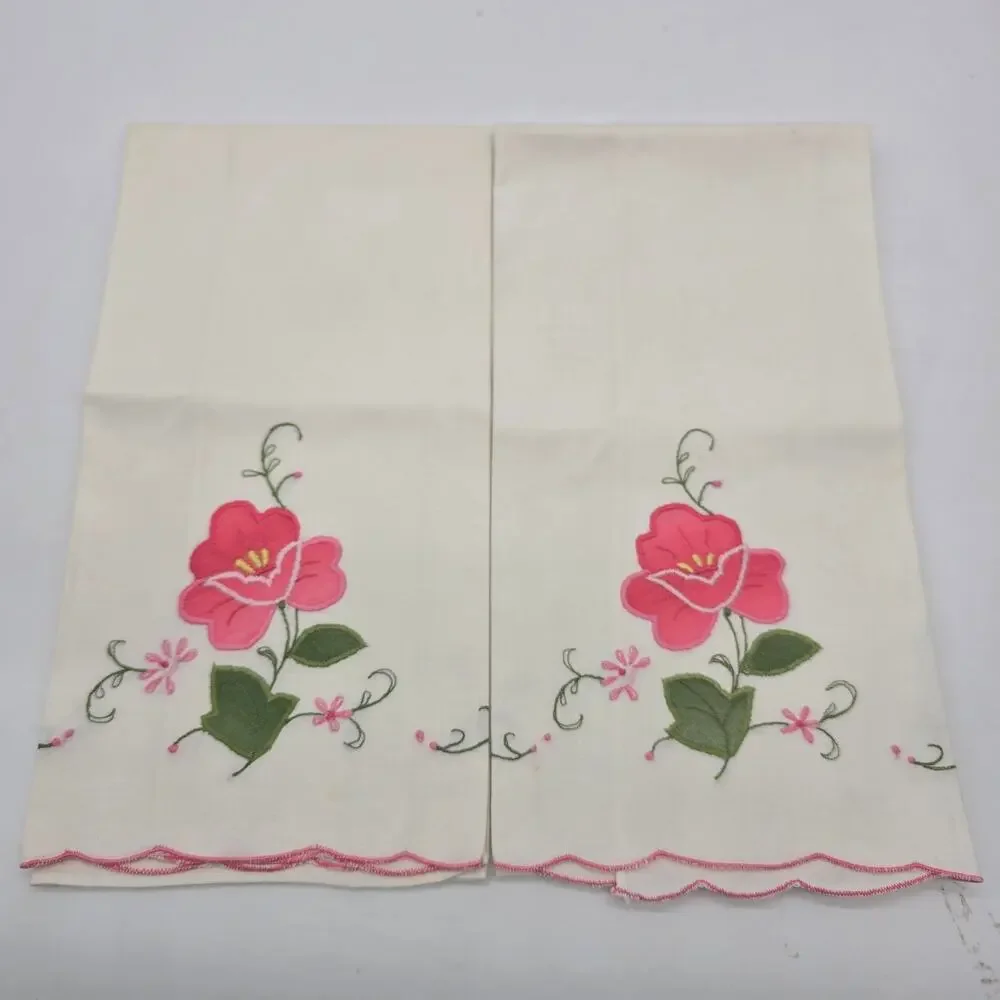 Vtg Hand-Appliquéd and Embroidered Cotton Guest Tea Towels Retro Pink Floral